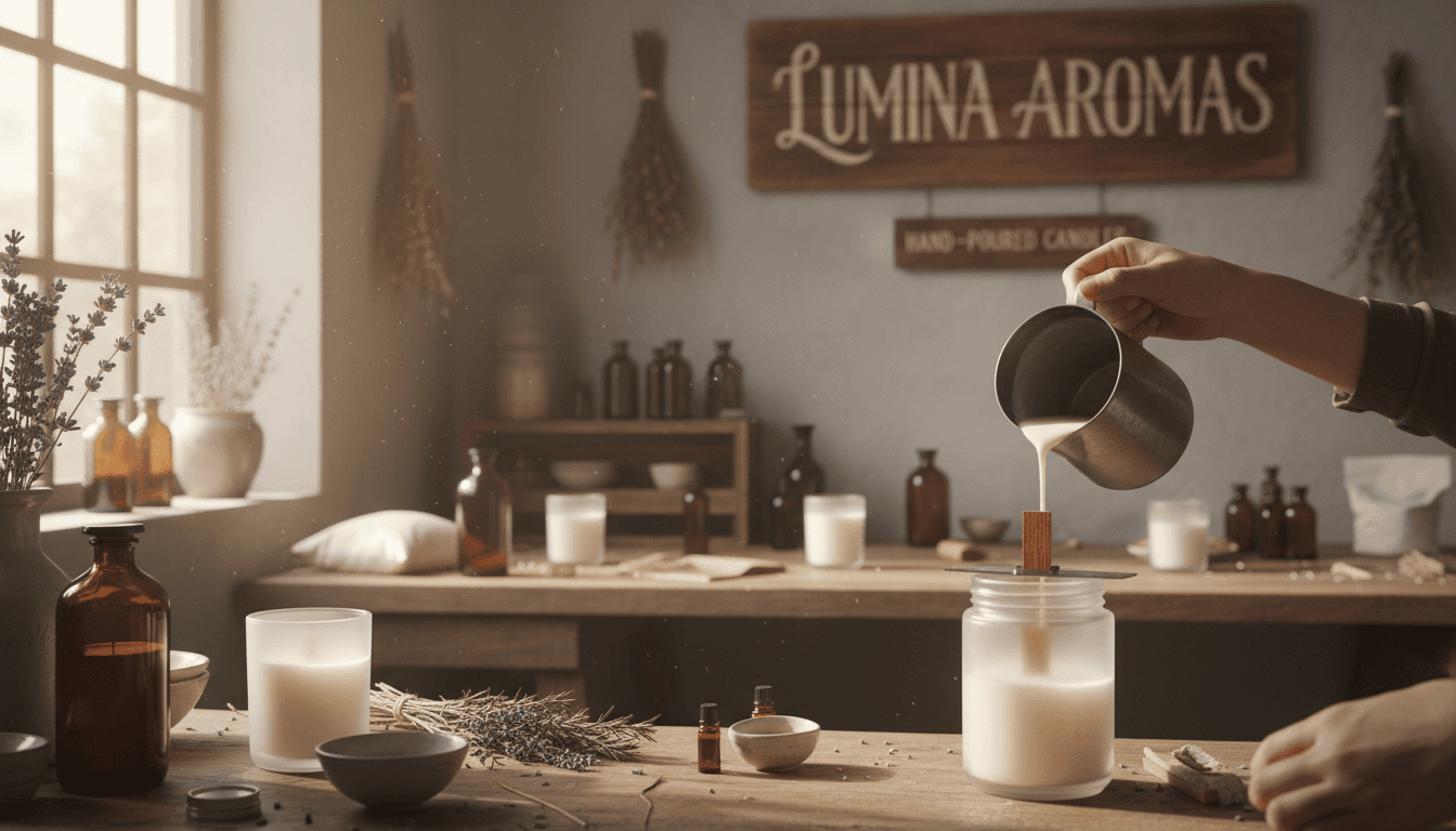 Hand-poured candle with a wooden wick in a small artisan studio
