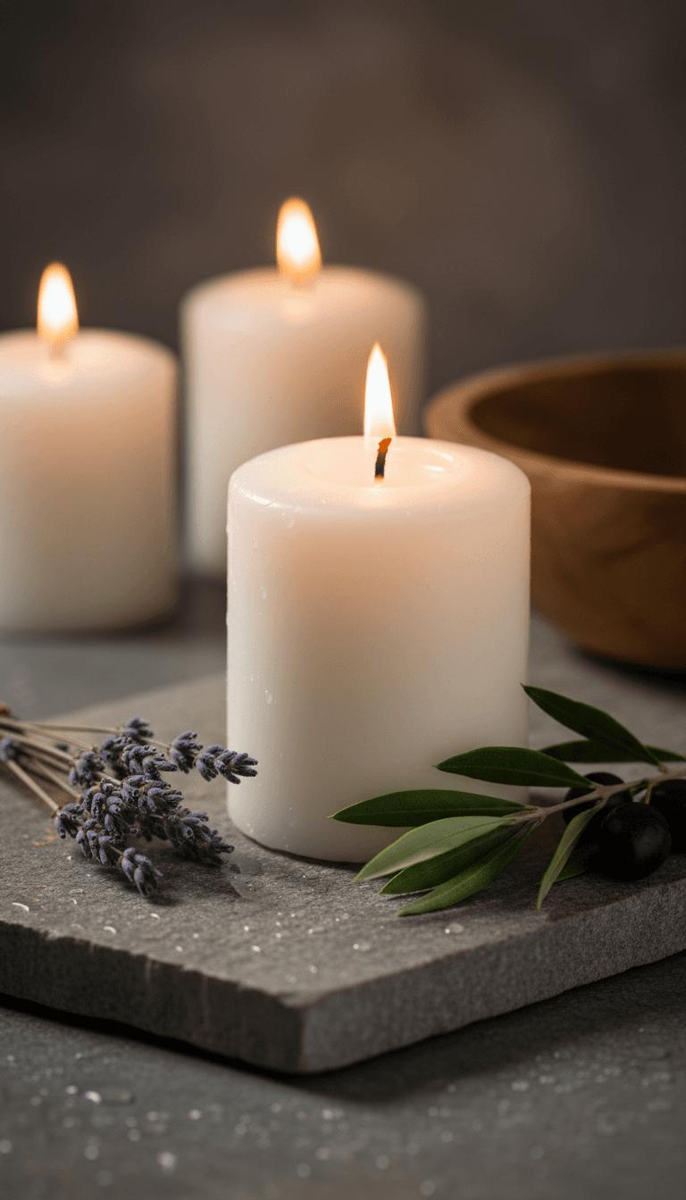 Lit candle beside dried lavender and olive branch