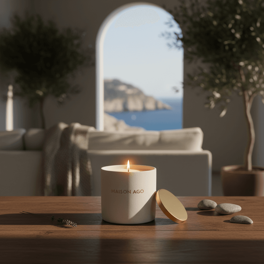 Luxury scented candle casting a warm glow in a dim, elegant room