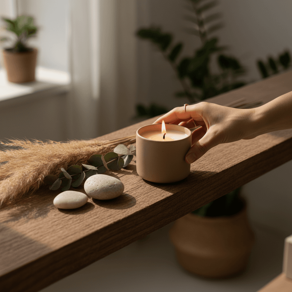 Finished candles resting on wooden shelves