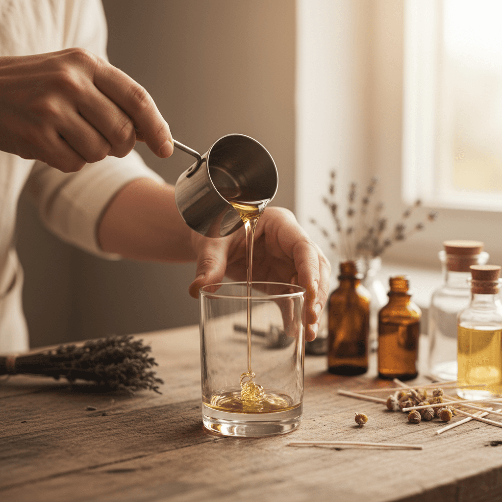 Hand pouring candle wax into a glass jar in a sunlit artisan workshop