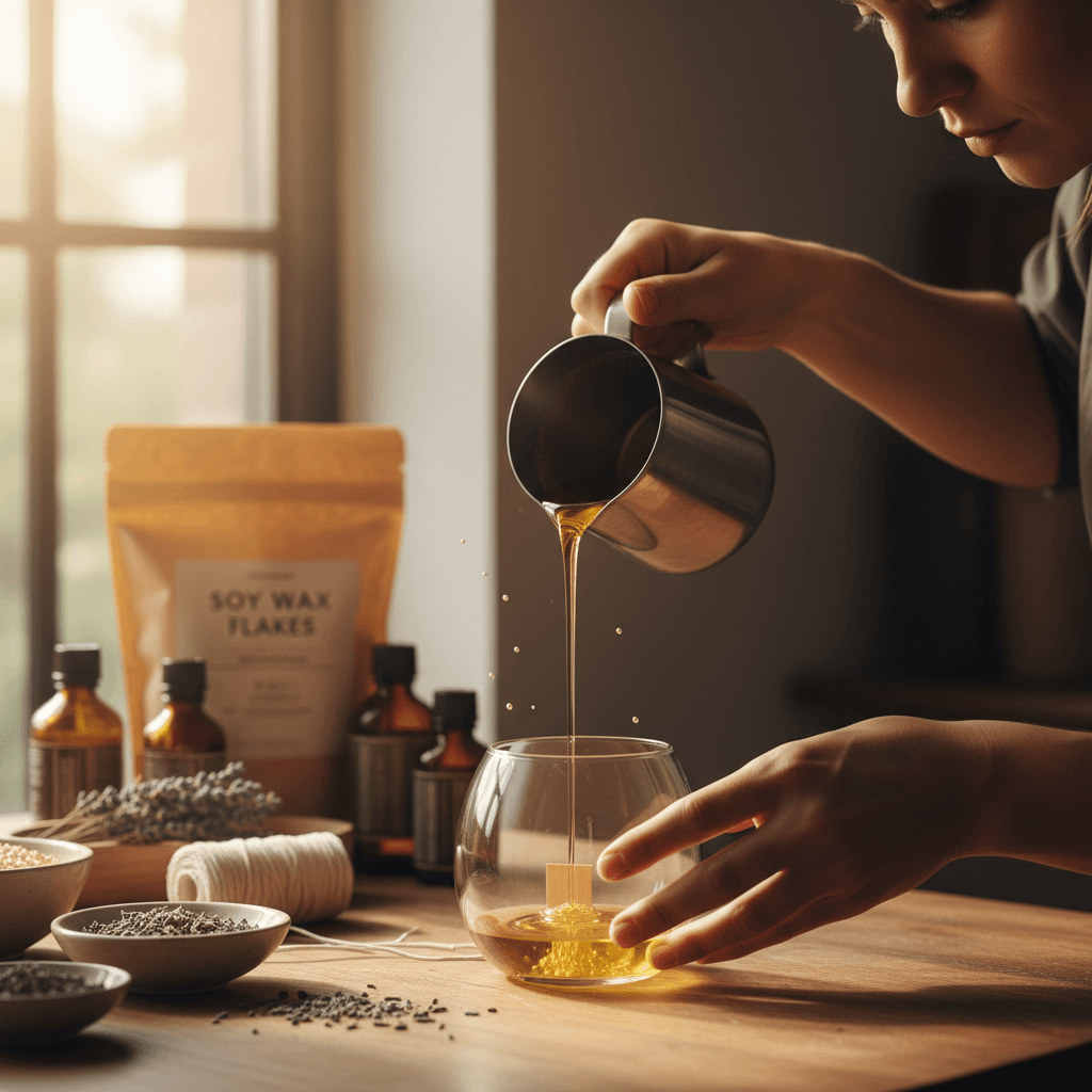 Hand pouring warm wax into a glass candle jar
