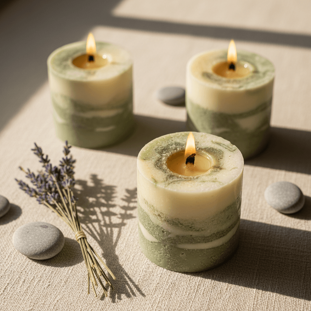 Three handmade artisanal candles with wooden wicks arranged on linen with dried lavender, soft window light