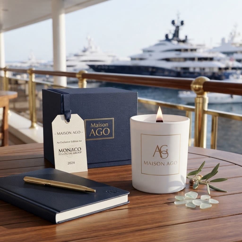 Luxury Maison Ago candle and gift box on a yacht deck overlooking a harbor.
